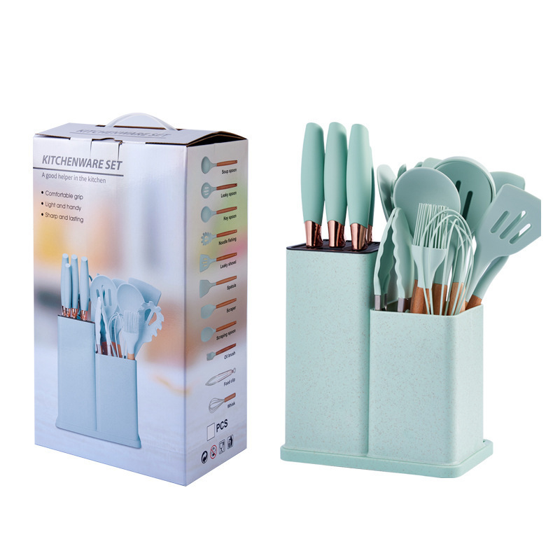 Silicone kitchenware set of 19 pieces, with storage cylinder, knife holder, storage rack, straw color set, knife combination set Item Picture