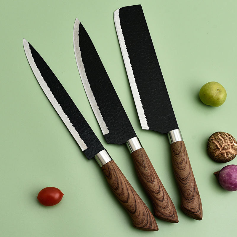 New hammer pattern six-piece set, black steel forged and painted stainless steel kitchen knife set, covered handle gift box Specification drawing