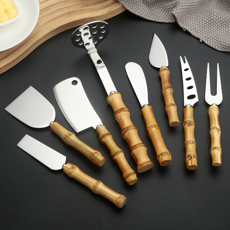Natural bamboo-handled cheese cream knife, pizza knife, cheese and cheese knife, spatula, potato puree, stainless steel butter knife details Picture
