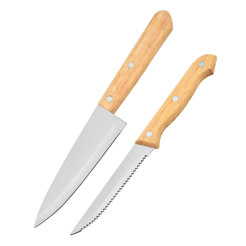 Steak knife, serrated knife, meat cutting restaurant, sharp Western-style main course knife, barbecue meat cutting knife, wooden handle Item Picture