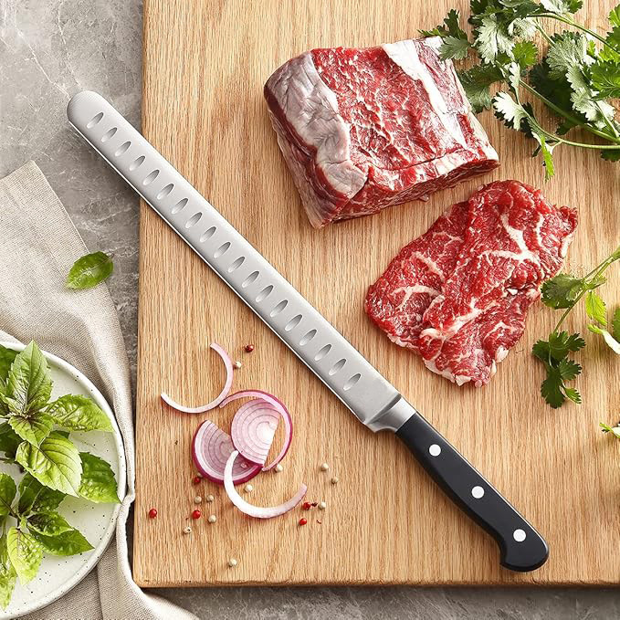 Barbecue outdoor ham knife, Western cuisine knife, single steel head, plastic handle, all-steel high-carbon steel, 12-inch concave point on the knife face Specification drawing