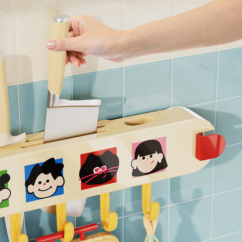 Dopamine Cartoon kitchen knife rack, wall-mounted non-drilling kitchen knife storage rack, multi-functional knife hook storage rack details Picture