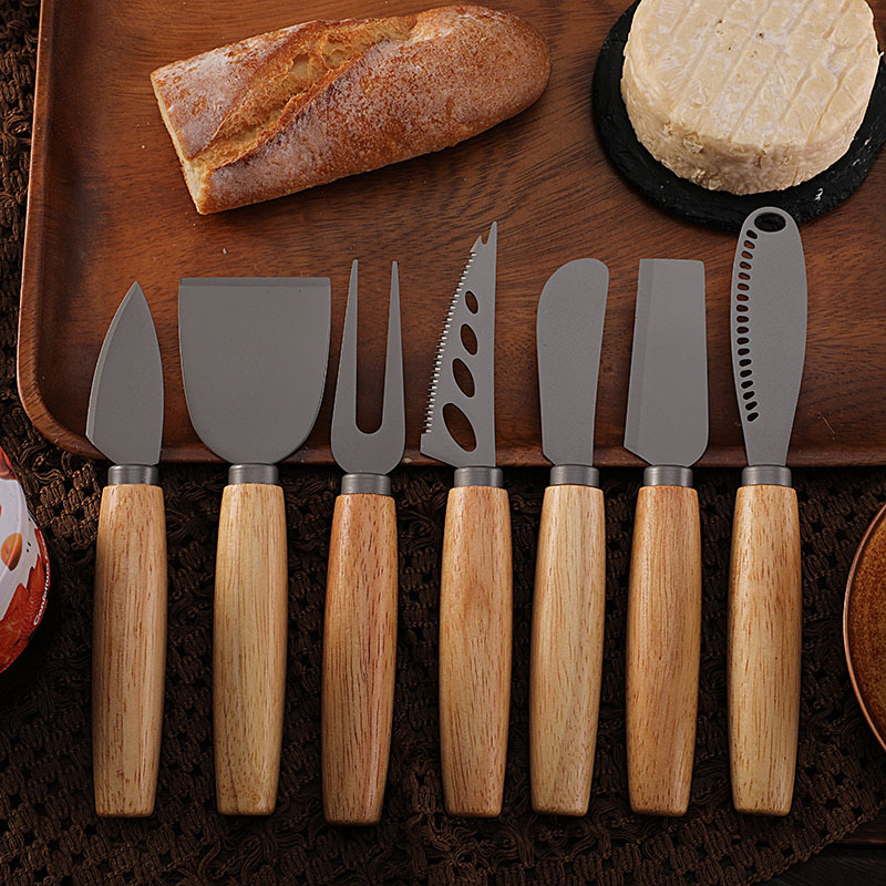 Factory stock rubber wooden handle cheese knife set, three-piece set, stainless steel tableware, cream spatula, titanium-coated cheese knife details Picture