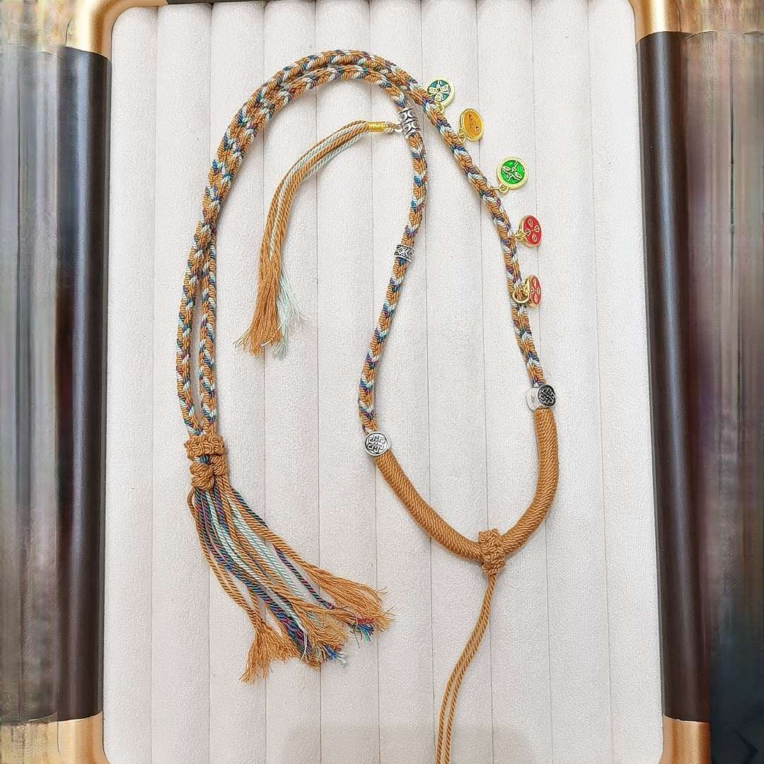 Tibetan five-way Wealth God rope pendant tied with Thangka special rope necklace, hand-woven