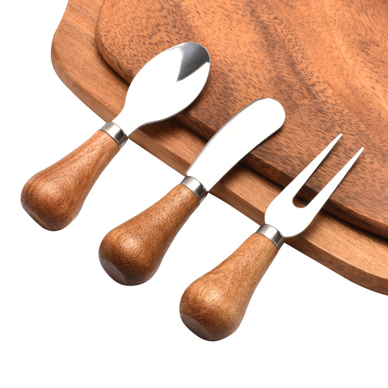 Amazon stainless steel cheese knife, acacia wood handle, cheese knife, fork, spoon, baking butter knife, cream spreading knife set details Picture