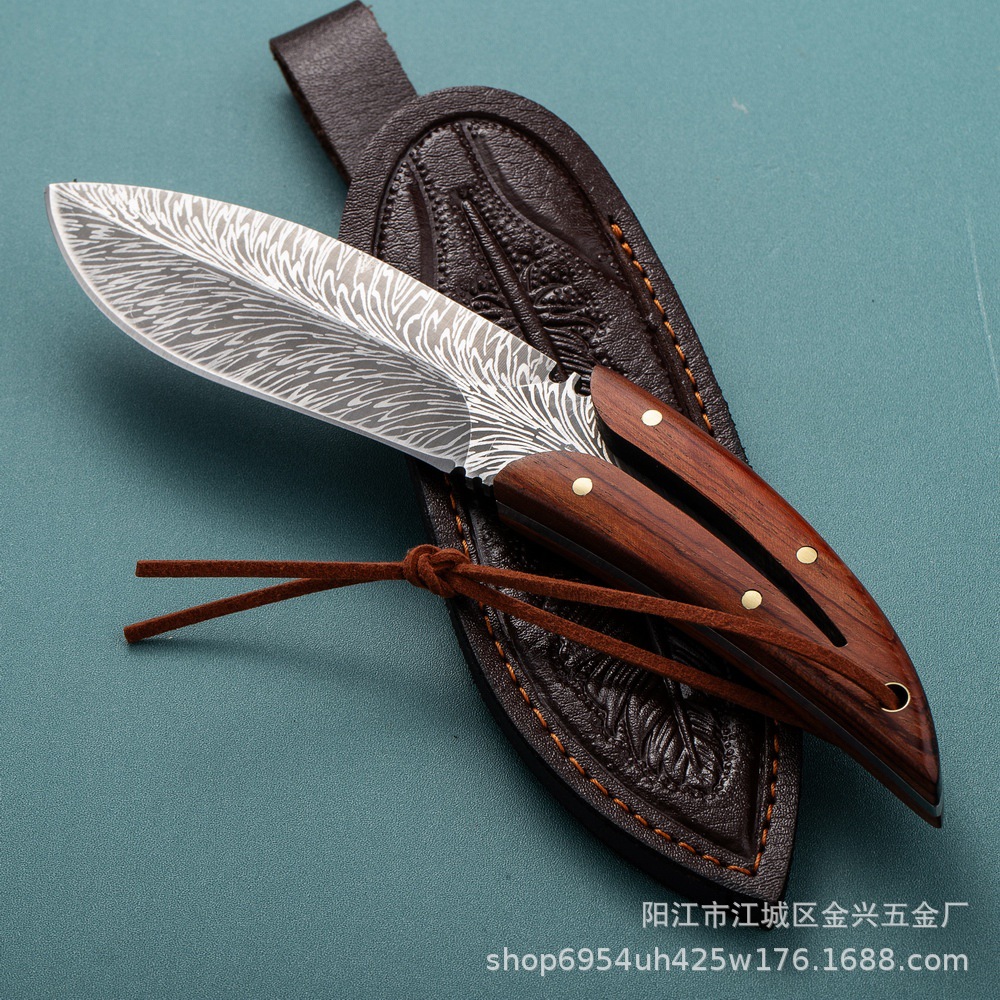 The new Lingyu Feather outdoor knife, a sharp, high-hardness, small straight knife from Yangjiang, is a wilderness survival knife with a handle and meat knife undefined