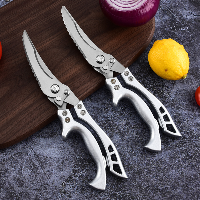 Wholesale powerful chicken bone scissors, stainless steel sharp bone-removing, aluminum handle kitchen scissors, multi-purpose household special food scissors full figure
