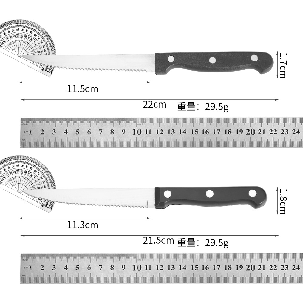 In-stock cross-border Amazon stainless steel serrated knife, fruit knife, barbecue meat slicer, mirror light steak knife, plastic-handled steak Specification drawing