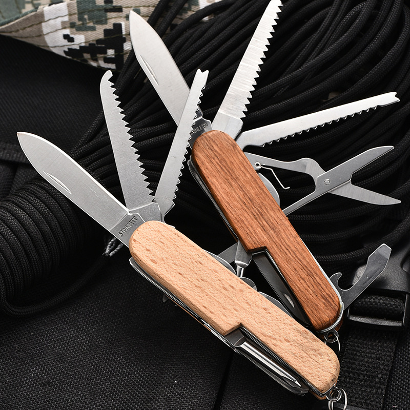 In-stock outdoor stainless steel multi-functional 11-inch wooden handle multi-functional knife and 11-inch multi-purpose knife Specification drawing