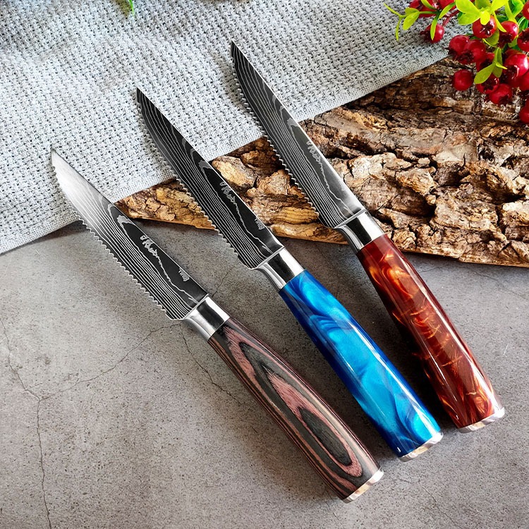 Cross-border hot Damask patterned steak knife, multi-functional chef knife, kitchen serrated knife, Western steak knife full figure