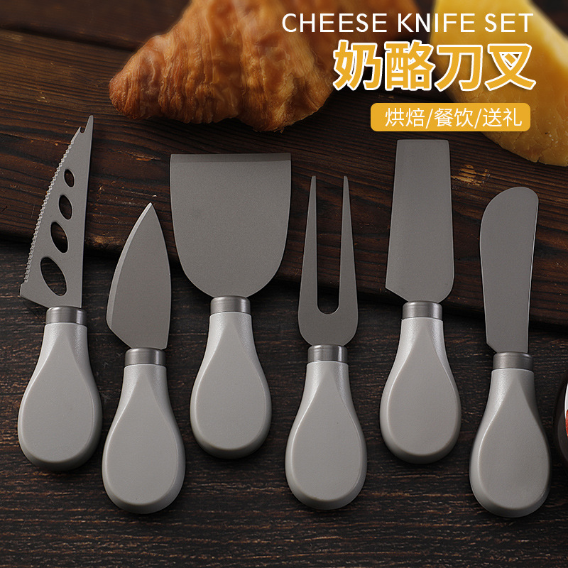 Cross-border in-stock stainless steel cheese knife set, cheese tools, cheese knife spatula, butter knife, card-bound Western cuisine knife and fork details Picture