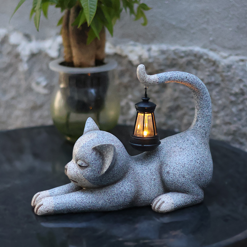 Cross-border solar garden lamps, resin animal ornaments, garden balcony, courtyard decoration, lawn, cat statue ornaments details Picture