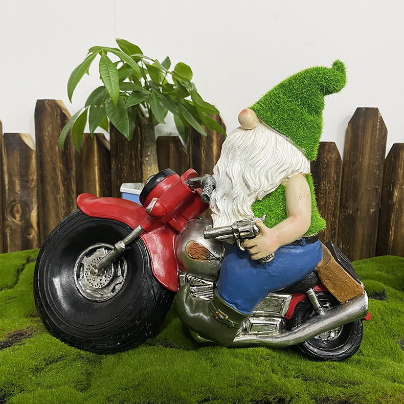 Outdoor solar-powered statue lamp dwarf resin dwarf statue motorcycle courtyard garden decorative craft ornaments Specification drawing