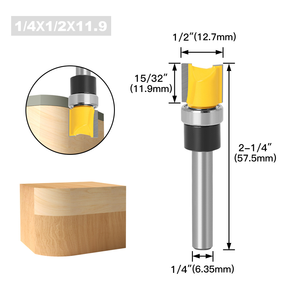 1/4 handle profiling bearing trimming knife, woodworking milling cutter, double-edge bearing straight knife lengthened undefined