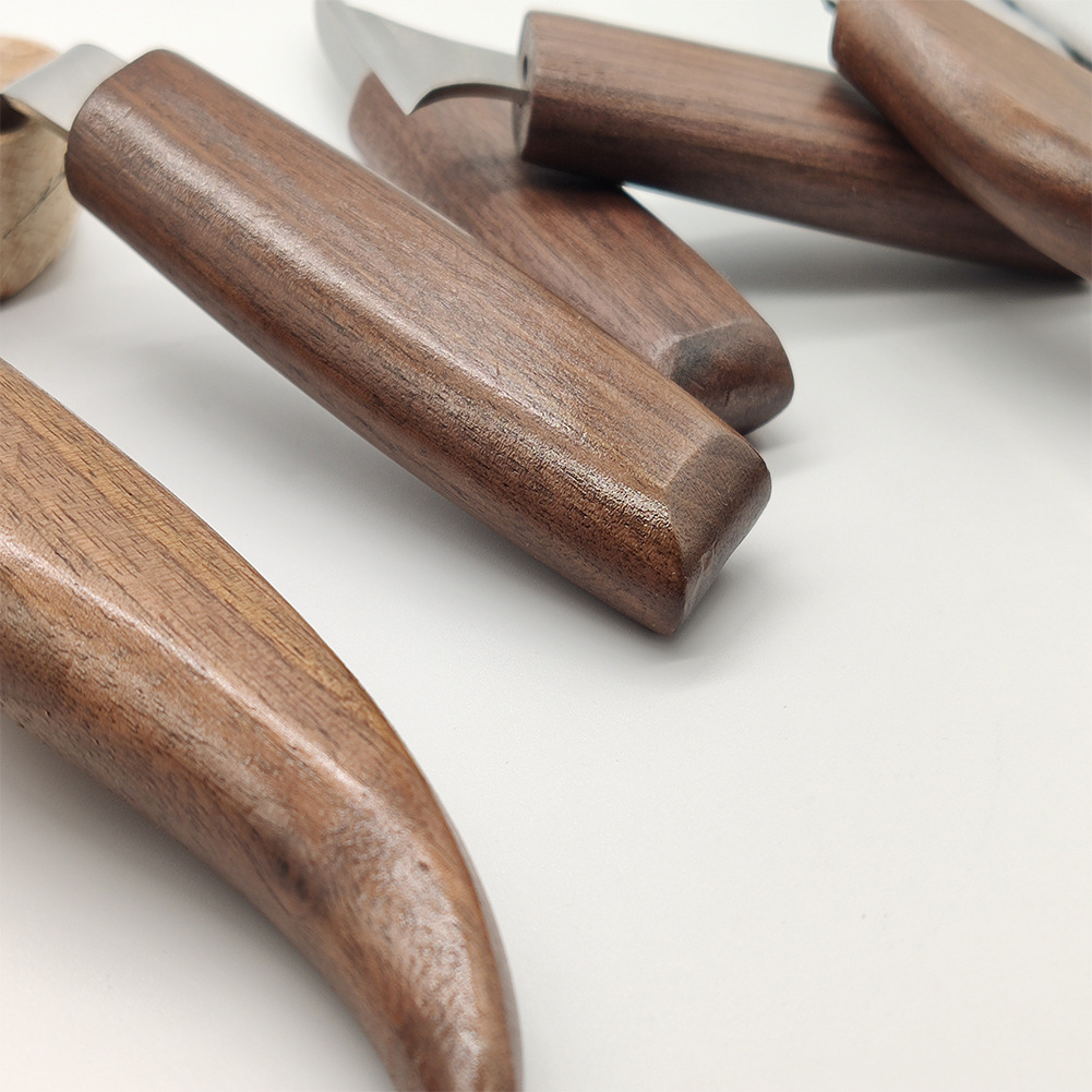 Cross-border walnut wood chrome-vanadium steel carving knife, wood shaving knife, wood scraping knife, spoon knife, woodworking carving set details Picture