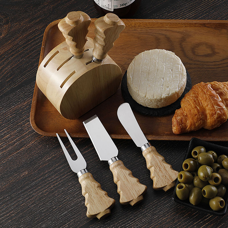 Cross-border cheese knife, rubberwood storage rack, Christmas tree handle, cheese knife set, 5-piece set, cream knife with knife holder Application Scenario
