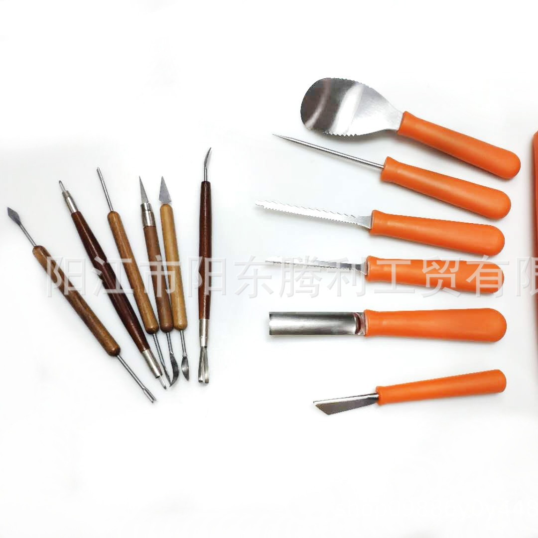 12-piece set of Halloween PP plastic wooden handle carving tools, pumpkin fruit carving knife, creative stainless steel full figure