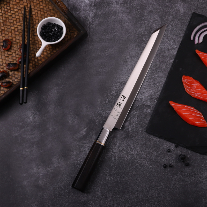 Japanese cuisine knife cutting, sashimi knife cutting, salmon knife cutting, Japanese sushi knife, filamentake knife, raw fish knife Application Scenario