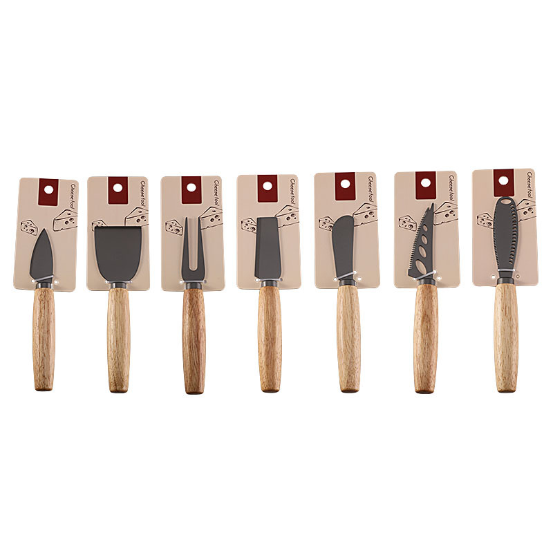 Factory stock rubber wooden handle cheese knife set, three-piece set, stainless steel tableware, cream spatula, titanium-coated cheese knife Item Picture