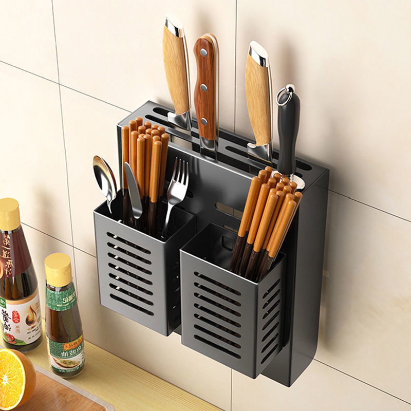 Wall-mounted kitchen knife rack without drilling, thickened wall chopsticks, multi-functional storage, simple and rust-proof full figure