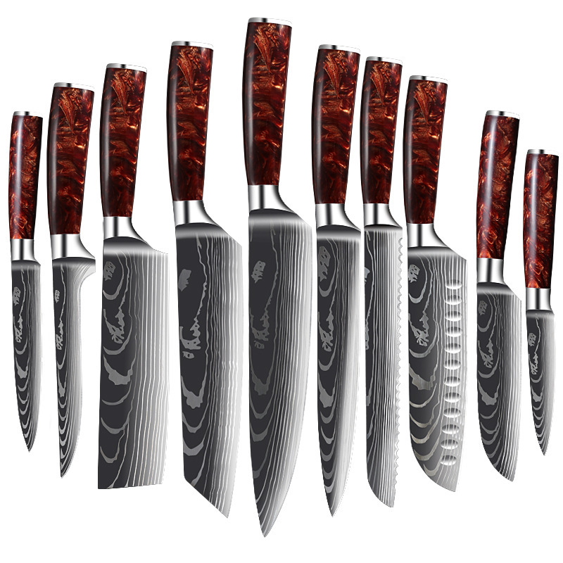 Original manufacturer's red resin handle Damascus laser pattern set meat slicer, chef's knife, Santoku knife Item Picture