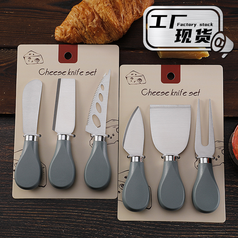 Cross-border in-stock stainless steel cheese knife set, Western cheese knife and fork, jam and cream spatula, baking three-piece set full figure