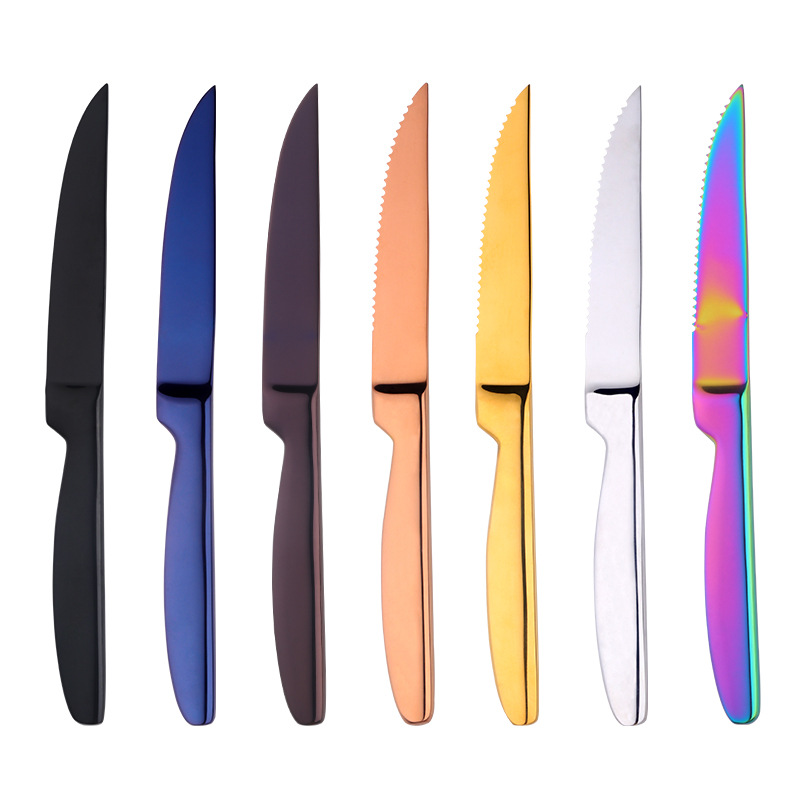 New stainless steel steak knife, hotel Western-style multi-purpose knife, titanium-coated colored metal fruit knife in stock for wholesale Item Picture