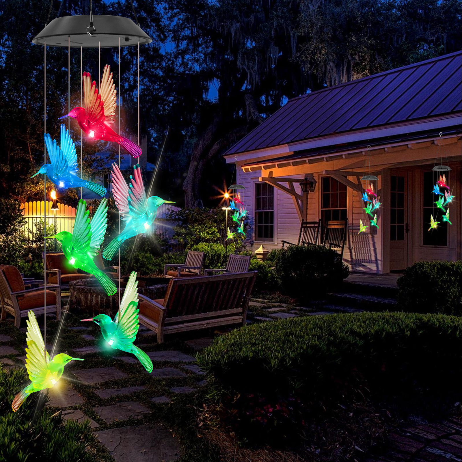 Cross-border outdoor courtyard solar lights, led solar wind chime lights, hummingbird hanging pendant lights, landscape decorative colored lights Application Scenario