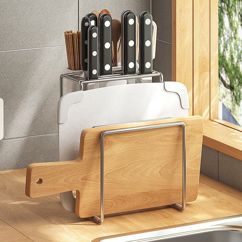 Wall-mounted stainless steel kitchen knife rack, integrated chopstick cage, kitchen knife rack, pot lid storage rack, knife and cutting board storage rack details Picture