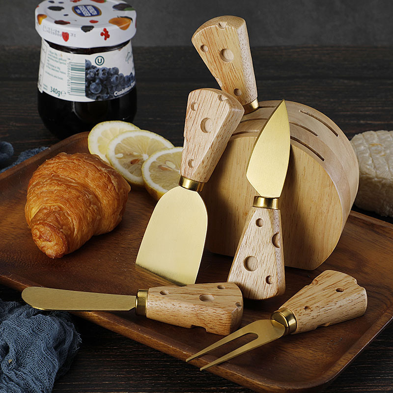 Cross-border stock rubber wooden handle cheese handle cheese knife set, stainless steel cheese knife and fork 6-piece set with wooden base Specification drawing