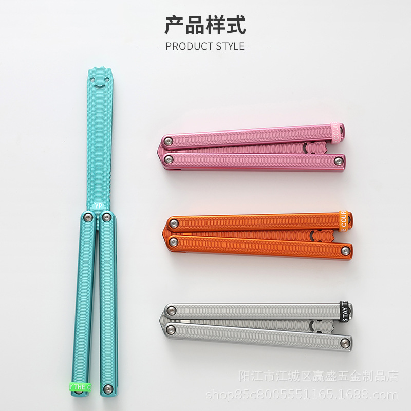 Yapi Workshop Glossy aluminum squid Butterfly Knife, 7 series Aluminum Practice blade, Training knife, Folding knife, swinging knife, smiling face Application Scenario