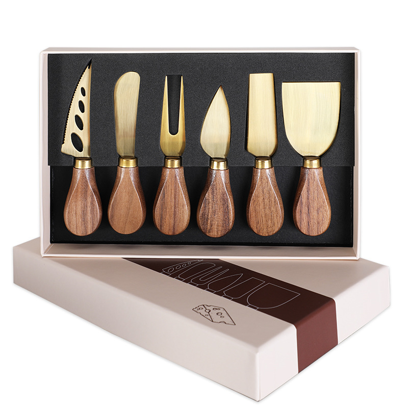 Cross-border walnut handle cheese tool set, 6-piece Western knife and fork, butter spatula, stainless steel cheese knife set Item Picture