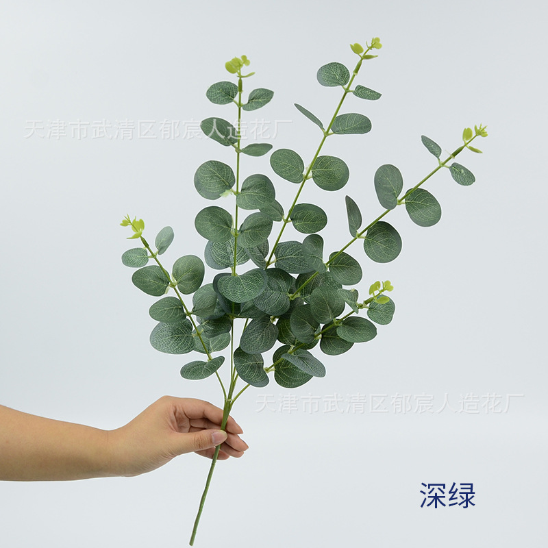绢布5叉尤加利，单枝仿真尤加利，绿植软装搭配，庭院景观造型，花环插花 ，室内装饰，植物造景，商场布景婚庆装饰花详情图2