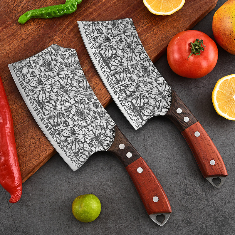 Handmade kitchen knives from the source factory, with sharp slicing and cutting edges, are used for cutting meat. They have a double-color handle with etched patterns and an integrated frame. They are dual-purpose knives full figure