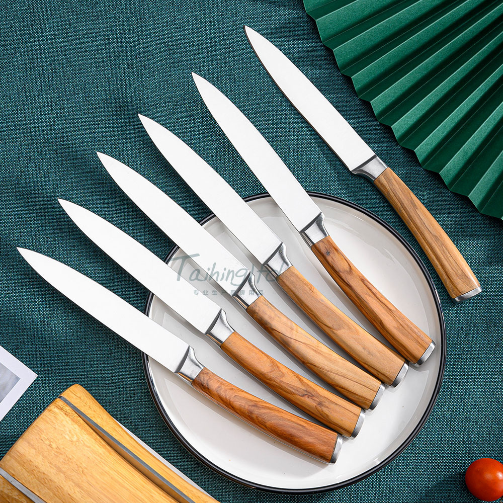 New 6-piece set of olive wood steak knife and 6-piece set of stainless steel Western steak knife and fork with bamboo stand details Picture