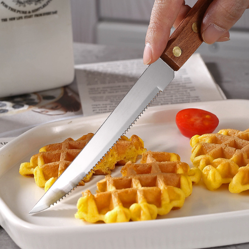 Wooden handle pointed knife, steak knife, stainless steel Western cuisine knife, steak knife, Western cuisine steak knife, household sapele Specification drawing