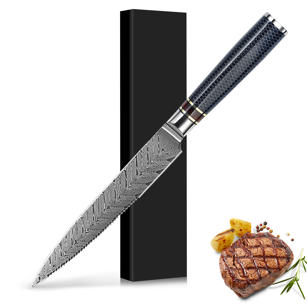 Damascus steel VG10 knife, stainless steel knife, thickened steak serrated knife, 5-inch Western-style steak knife full figure
