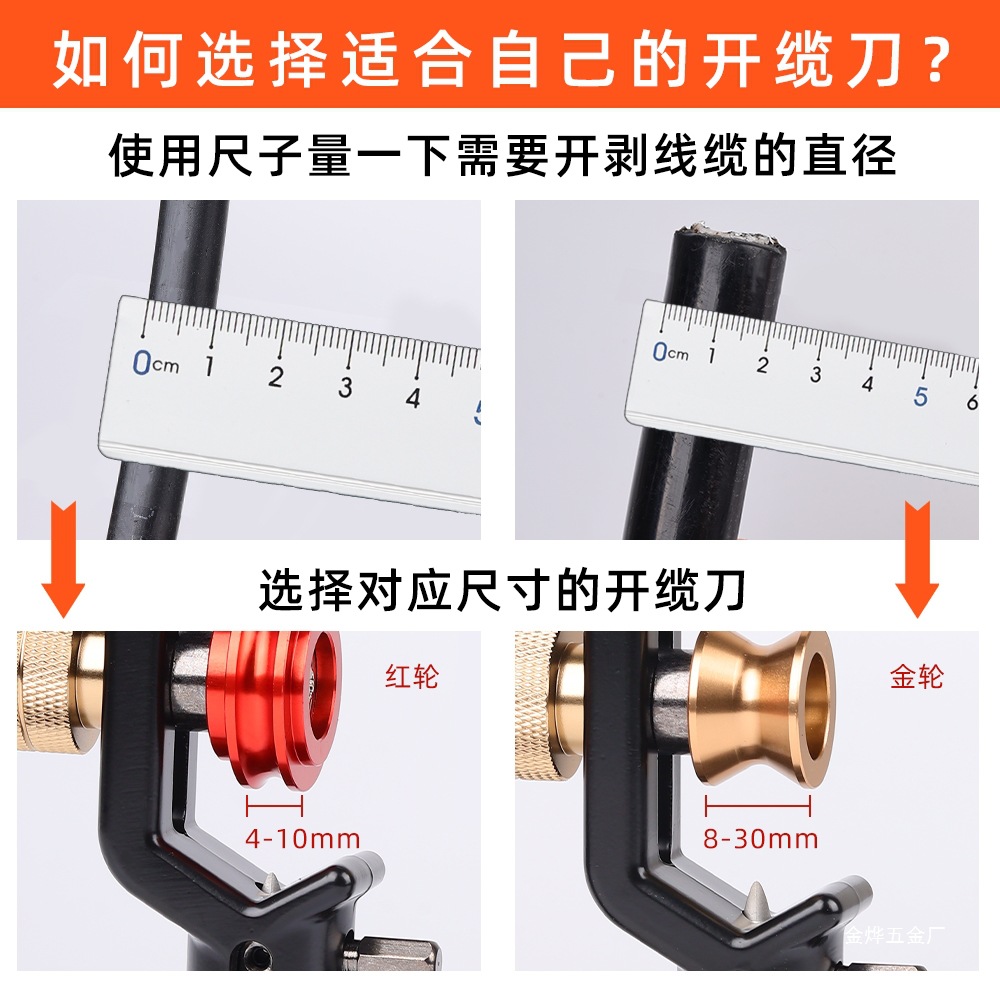 Horizontal and vertical optical cable stripping knife, 4-10MM stripper, 8-30MM armored cable stripping knife, optical fiber stripping, Jin Ye Specification drawing