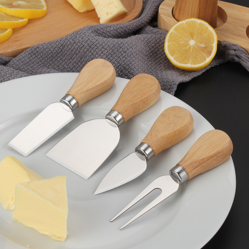 Stainless steel cheese knife 4-piece set, rubber wooden handle cream cutter, pizza cheese knife, fork and spatula, cheese knife set details Picture