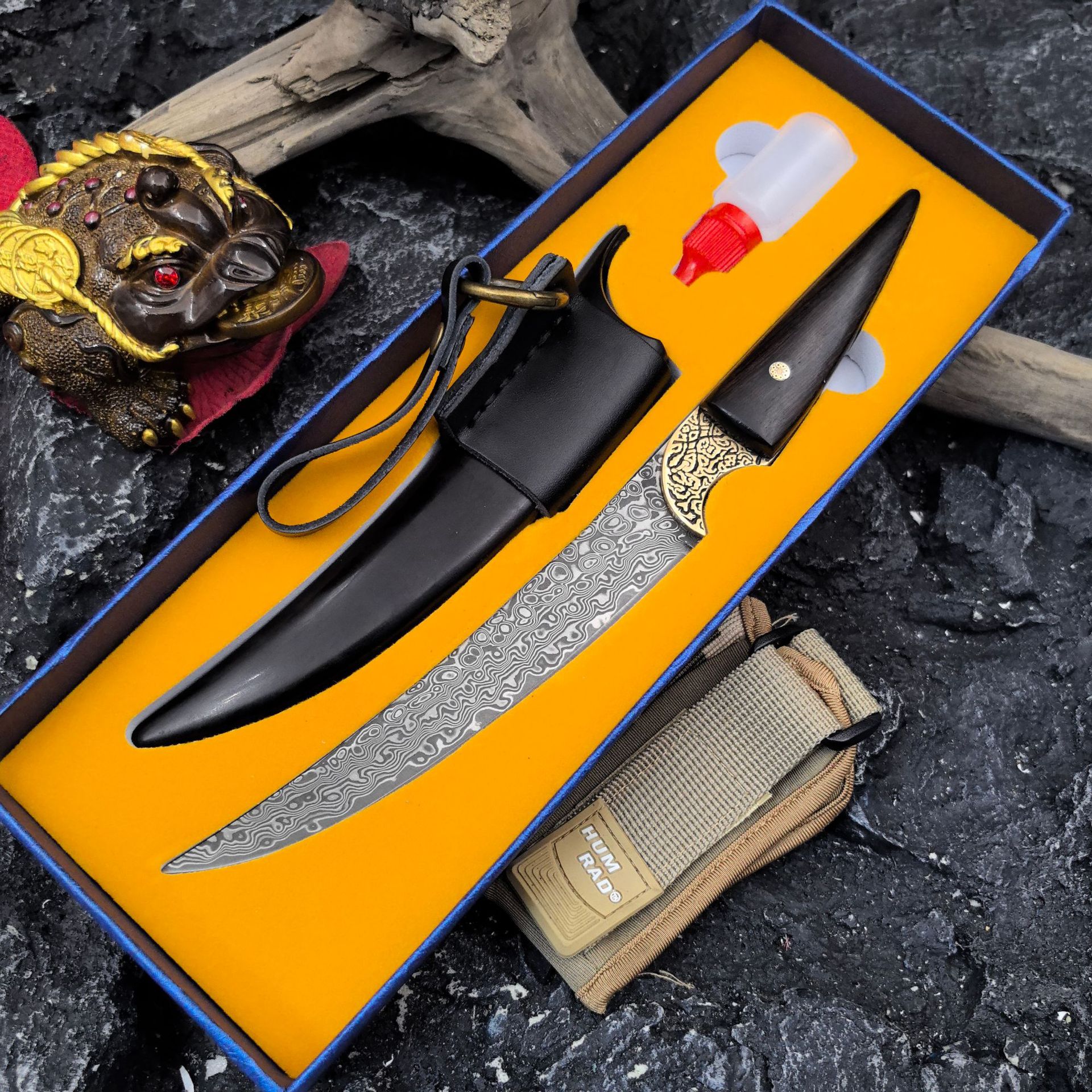 【 Xuan Yue 】 High-end gift and collectible Damascus steel straight knife, Ebony one-piece keel straight knife Item Picture
