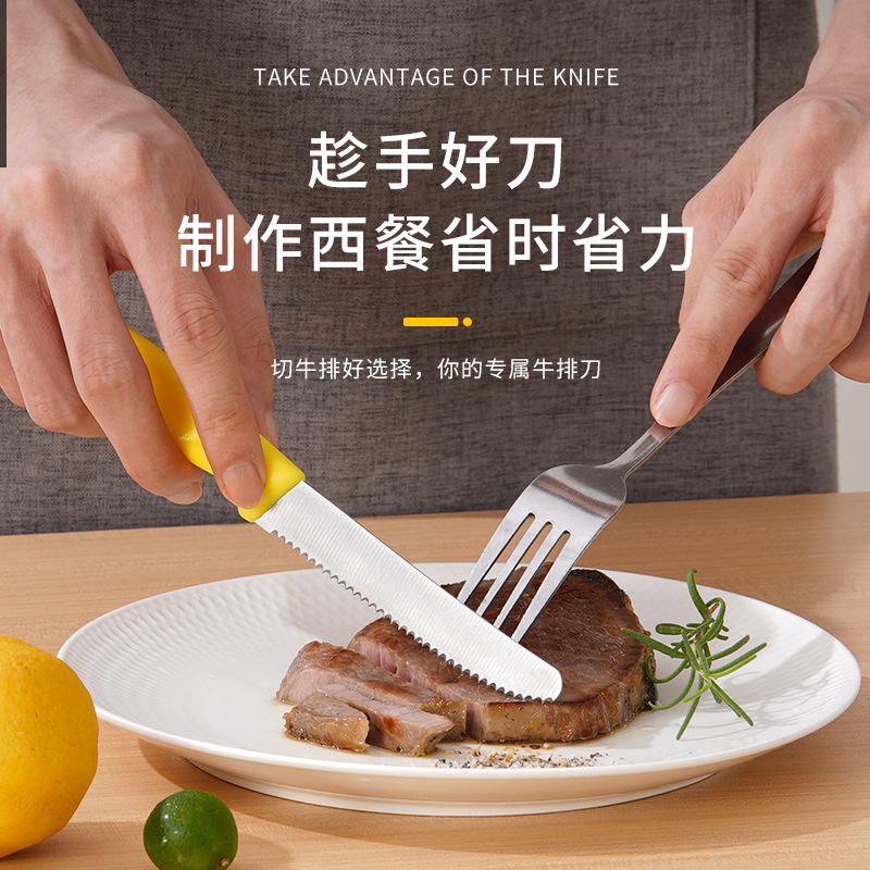 Western-style steak knife, fruit knife, 8-inch double-opening colored plastic handle with serrated bread knife, butter spatula Specification drawing