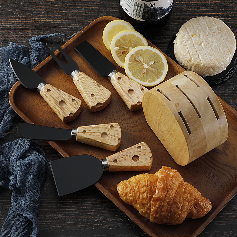 Cross-border stock rubber wooden handle cheese handle cheese knife set, stainless steel cheese knife and fork 6-piece set with wooden base Application Scenario
