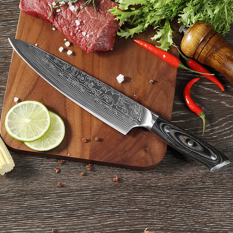 Amazon's best-selling 8-inch chef knife, 5CR steel color wood double steel head handle kitchen knife, Malaysia Leather pattern knife details Picture
