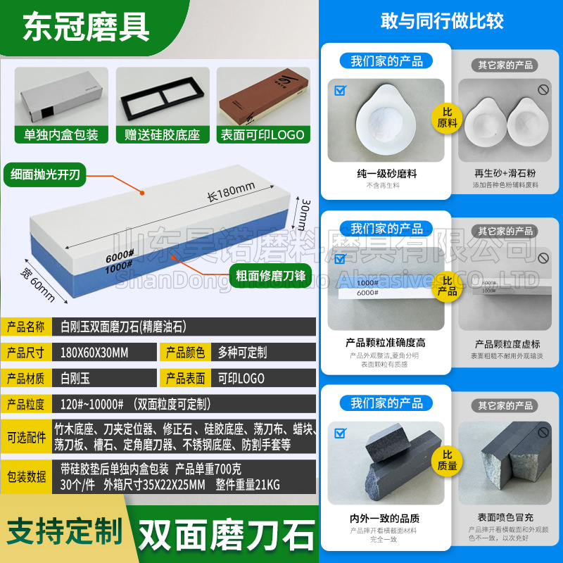 Finely ground white corundum whetstone, double-sided household kitchen with base, coarse and fine whetstone, fixed-angle oilstone whetstone Specification drawing