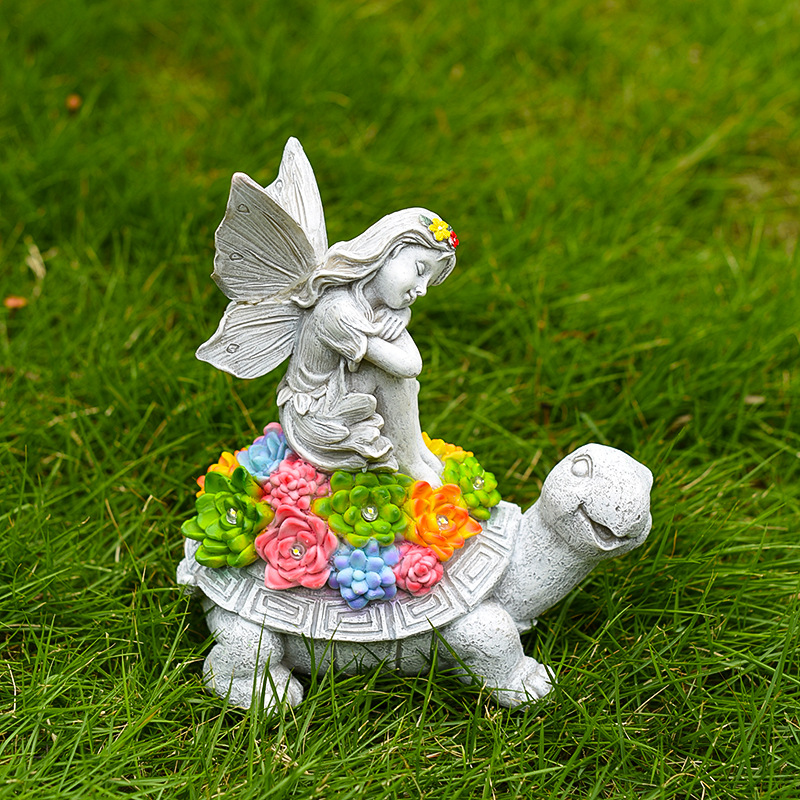 Cross-border Garden Angel Girl Turtle Statue Outdoor Solar Garden Lamp Resin Decorative Item Flower Fairy Lamp full figure