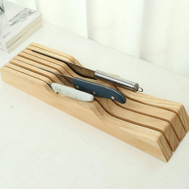 Wooden drawer-type knife rack, solid wood base, horizontal kitchen knife storage rack, Western-style dining knife wooden tray, and organizing rack Application Scenario