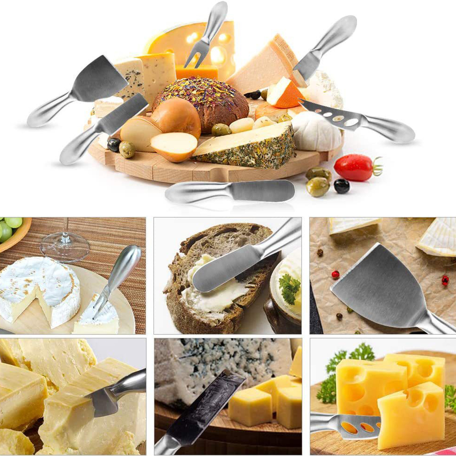 Stainless steel cheese knife set, cheesecake fork, butter jam cream knife, mini baking knife 8-piece set Specification drawing