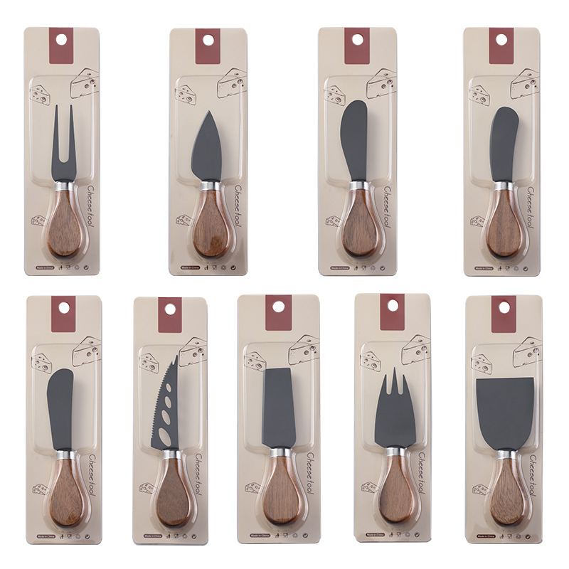 Factory stock stainless steel black non-stick coated cheese knife, butter knife, tableware knife and fork, acacia wood cheese knife Specification drawing