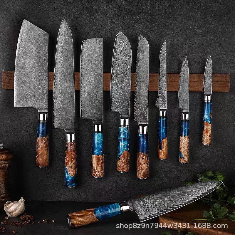 Damascus Kitchen knife set of 9 pieces: Stainless steel kitchen knife, sharp slicing knife, Japanese cuisine chef's knife full figure