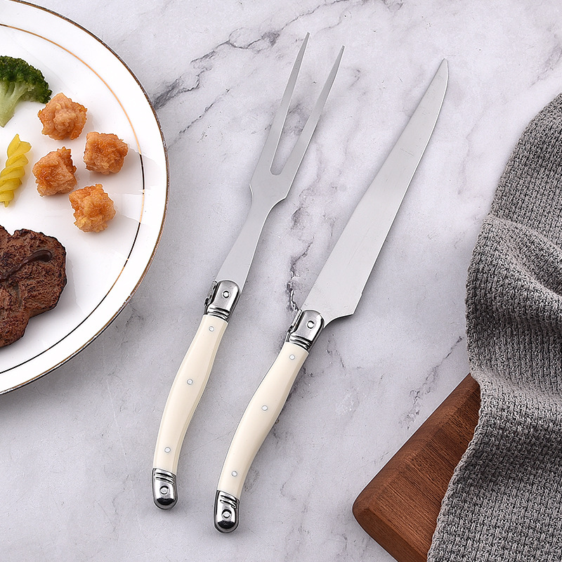 Milky white ABS plastic handle stainless steel tableware, Western tableware, steak knives, forks and spoons, salad and barbecue knives and forks full figure